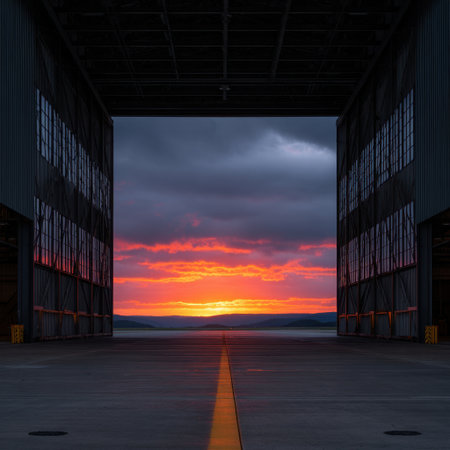 This captivating image features a vibrant sunset framed by the opening of a hangar, showcasing a stunning color palette and tranquil landscape.の素材