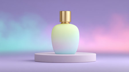 An elegant gradient perfume bottle presented on a simple round podium against a soft, colorful background, perfect for beauty and fragrance branding.の素材