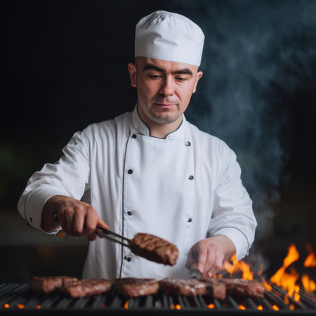 A dedicated chef expertly grills steaks in a sleek kitchen, showcasing culinary skills and passion for food, ideal for culinary enthusiasts and food lovers.の素材