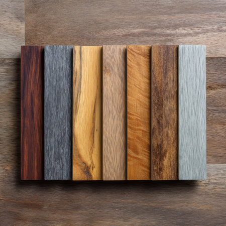 A stunning collection of wood samples arranged side by side, showcasing a spectrum of textures and colors, perfect for design inspiration and project selection.の素材