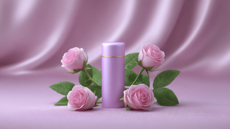 This captivating image showcases a pink bottle surrounded by delicate fresh roses on a soft silk background, creating a luxurious and elegant atmosphere.の素材