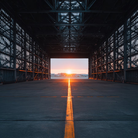 This captivating image showcases a stunning sunset view through an industrial hangar door, filled with warm orange and yellow hues, highlighting the serene ambiance.の素材