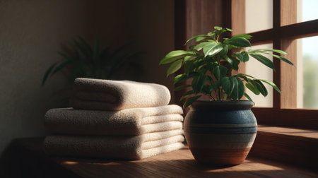 A serene composition of neatly stacked soft towels next to a vibrant plant on a sunlit windowsill, showcasing a cozy and inviting home atmosphere.の素材