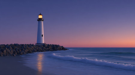 A picturesque lighthouse stands on a rocky shore at dusk, casting a warm glow over tranquil waves and illuminating the serene evening sky.の素材