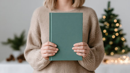 A warm and inviting scene featuring a woman in a soft knitted sweater holding a green book. The background showcases a decorated Christmas tree, creating a cozy holiday atmosphere perfect for relaxation and reading.の素材