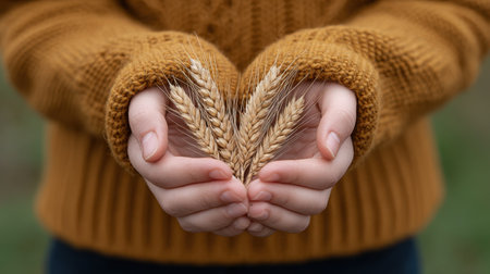 A serene image showcasing hands gently holding golden wheat ears, embodying the spirit of harvest and connection to nature, enhanced by a cozy sweater.の素材