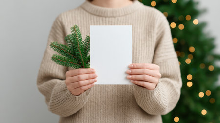 A serene holiday scene showcasing a person in a cozy sweater holding a blank card and a sprig of evergreen, with a softly lit Christmas tree in the background.の素材