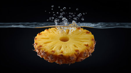 A vivid image of a fresh pineapple slice making a splash in clear water, surrounded by bubbles. The dark background enhances the vibrant colors, representing tropical freshness. Perfect for health and culinary themes.の素材