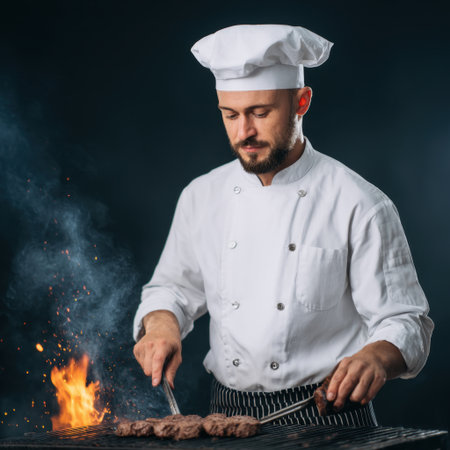 A dedicated chef stands confidently at a grill, expertly cooking meat over an open flame in a modern kitchen. The intense focus and passion highlight culinary skills in action.の素材