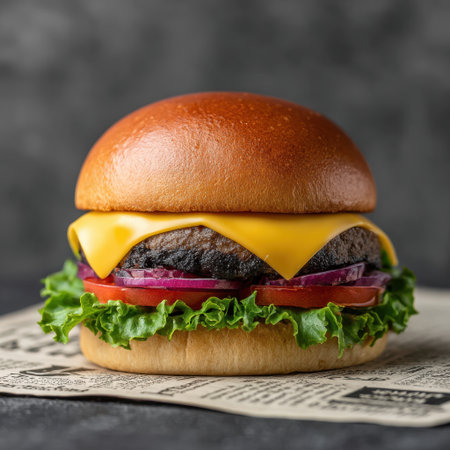 A mouth-watering cheeseburger featuring a soft bun topped with melted cheese, fresh lettuce, juicy tomato, and crisp onion, perfect for any meal.の素材