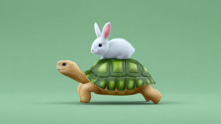 A whimsical scene features a cute rabbit perched atop a vibrant turtle, showcasing a playful bond between two adorable animals. The soft green background enhances the cheerful and friendly mood. Perfect for designs related to nature or childhood joy.の素材