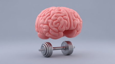 This illustration features a brain floating above a dumbbell, symbolizing the connection between mental strength and physical fitness. Perfect for health-related themes.の素材