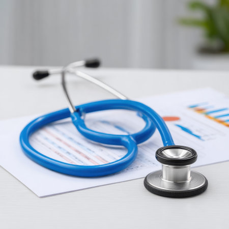 A close-up image featuring a stethoscope resting on a medical report that includes detailed graphs and charts, symbolizing health analysis and patient care.の素材