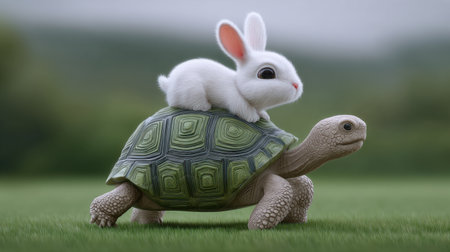 This delightful image features a fluffy white rabbit perched on the shell of a gentle turtle in a lush green setting, embodying themes of friendship and joy in nature.の素材