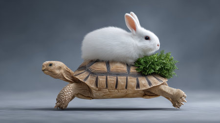 A charming scene featuring a fluffy rabbit sitting atop a cheerful turtle, both surrounded by lush greenery, perfect for themes of friendship and joy.の素材