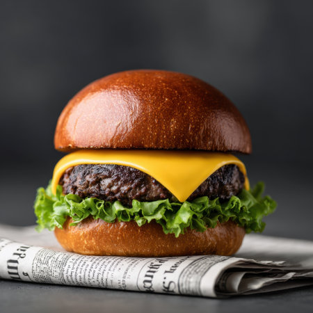 A visually appealing hamburger featuring a juicy beef patty topped with melted cheese and crisp lettuce on a soft bun, styled against a newspaper backdrop.の素材