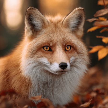 A striking portrait of a red fox gazing into the distance, set in an autumn forest. The fox's vibrant fur and piercing eyes create an enchanting scene filled with warm colors.の素材