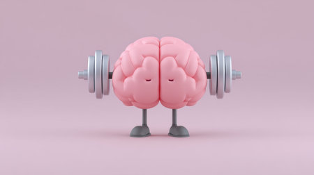 This whimsical 3D illustration features a cheerful brain lifting weights, symbolizing strength and creativity. The playful design captures the essence of mental fitness in a fun way.の素材