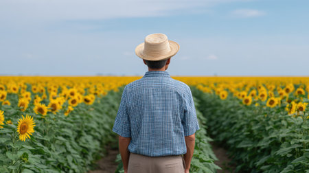 A serene image of a man in a straw hat standing in a vibrant sunflower field. The bright blossoms stretch towards the blue sky, reflecting tranquility and beauty in nature.の素材