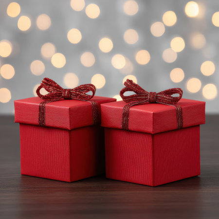 Two elegant red gift boxes wrapped with shiny ribbons sit on a wooden table, surrounded by a dreamy bokeh background, perfect for holiday themes.の素材
