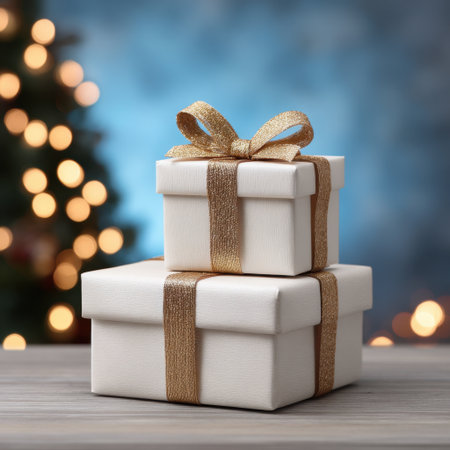 Two elegant white gift boxes adorned with glittering ribbons sit on a wooden table, creating a warm and festive atmosphere near a Christmas tree.の素材