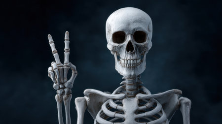 A humorous skeleton with a peace sign gesture showcases an engaging and playful spirit against a dark, ghostly background, ideal for Halloween themes.の素材