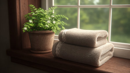 This serene image captures soft towels neatly folded beside a potted green plant, showcasing a cozy interior by a window, perfect for relaxation and comfort.の素材