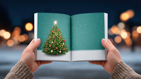 A hands holding an open book displaying a charming illustration of a Christmas tree, set against a soft night background filled with bokeh lights.の素材