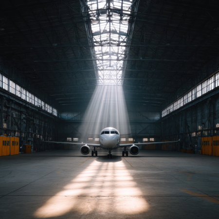 A striking image of an airplane inside an abandoned hangar, showcasing unique lighting and shadows, evoking a sense of solitude and history in aviation.の素材