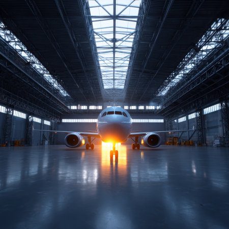 A commercial airplane stands poised for takeoff in a spacious modern hangar. Bright lights illuminate the aircraft, showcasing its sleek design and advanced technology. The high ceilings and industrial structure embody the essence of aviation, ready for the next flight adventure.の素材