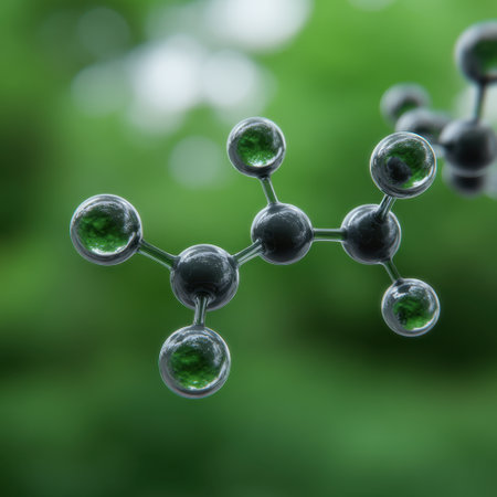 This image showcases a close-up view of green molecules suspended in a blurred background, ideal for scientific illustration, educational materials, or research presentations.の素材