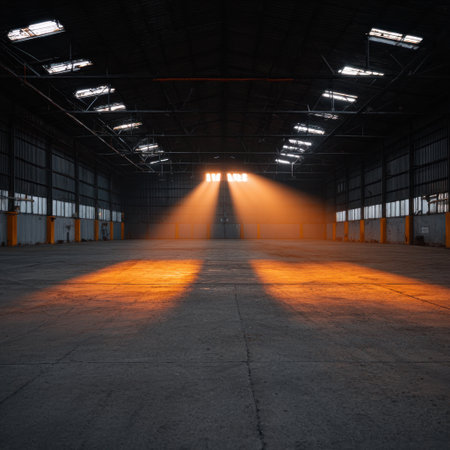 A captivating view of an abandoned industrial warehouse showcasing beams of sunlight pouring through the windows onto the empty concrete floor, creating dramatic shadows.の素材