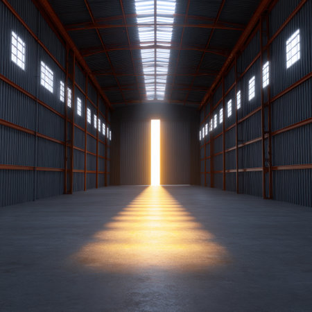 An empty industrial warehouse features a bright light streaming from an open doorway, casting reflections on the floor. This serene setting evokes mystery and potential.の素材