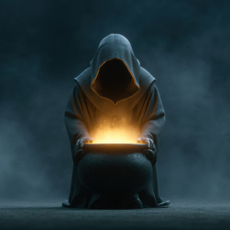 A hooded figure kneels before a glowing cauldron, casting spells in a mystical setting. The scene exudes an atmosphere of enchantment and ancient mystery.の素材