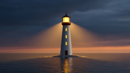 A breathtaking coastal landscape featuring a majestic lighthouse shining its warm light across the serene ocean waters at dusk. The dramatic clouds create a captivating atmosphere, perfect for evoking feelings of tranquility and exploration.の素材
