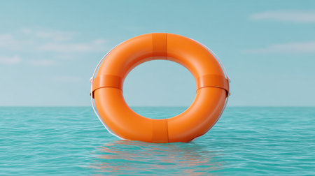 A vibrant orange lifebuoy gracefully floats on tranquil turquoise waters under a clear sky, symbolizing safety and adventure in water activities.の素材