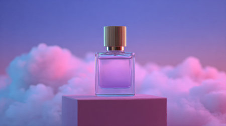 A stunning perfume bottle rests on a pedestal, surrounded by vibrant clouds in shades of pink and purple, creating a dreamy atmosphere for beauty and elegance.の素材