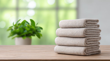 This image features a soft stack of towels resting on a wooden surface, complemented by a lush green plant in the background, ideal for wellness themes.の素材
