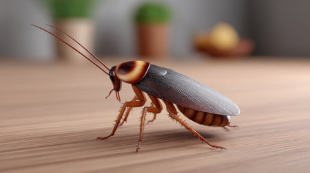 A detailed close-up image of a cockroach, showcasing its intricate features, on a wooden surface with a modern backdrop, highlighting urban pest challenges.の素材