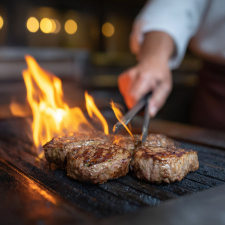 A chef skillfully grills succulent steaks over an open flame, capturing the essence of culinary art in a professional kitchen setting. This image highlights the passion and technique behind delicious meat preparation.の素材
