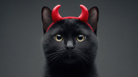 A charming black cat wears red devil horns, creating a whimsical Halloween-themed portrait. Its expressive eyes capture a playful and mischievous spirit.の素材