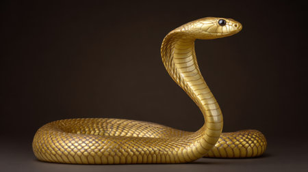 A stunning golden snake coiling elegantly against a softly lit background showcases its smooth scales and captivating gaze, highlighting wildlife beauty.の素材