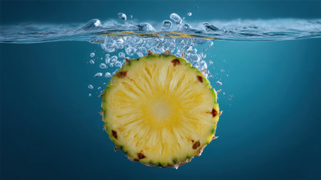 A vibrant slice of fresh pineapple submerged in clear water, surrounded by air bubbles, showcasing the tropical fruit's texture and color.の素材