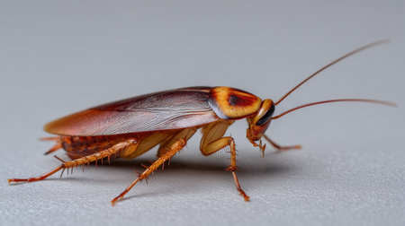 This detailed macro image captures a cockroach in stunning clarity, showcasing its unique anatomy and physical features on a soft background.の素材