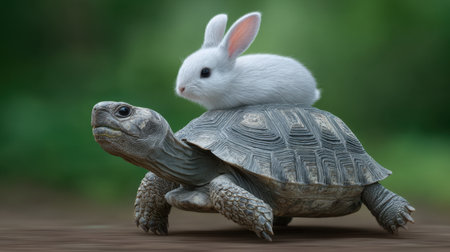A charming scene featuring a cute rabbit perched on the back of a turtle, set against a soft green backdrop. This whimsical image captures the essence of friendship in nature, making it perfect for animal and wildlife enthusiasts.の素材