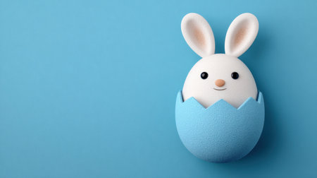 A charming cartoon bunny peeks out from a soft blue eggshell, set against a bright blue background, ideal for Easter promotions or children's designs.の素材