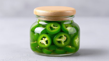 A clear glass jar filled with sliced pickled green jalapeの素材