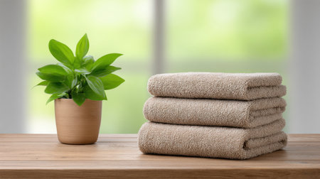 A serene setting featuring a stack of soft beige towels resting on a wooden table beside a vibrant green plant, emphasizing relaxation and minimalism.の素材