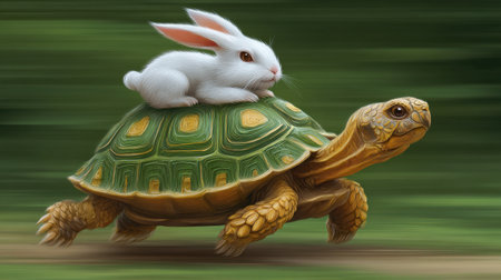 A charming scene featuring a rabbit riding on the shell of a turtle, capturing the essence of friendship and adventure in a lively natural setting.の素材