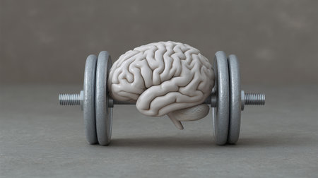 This striking image illustrates a brain positioned between two dumbbells, encapsulating the idea of mental fitness and strength training.の素材